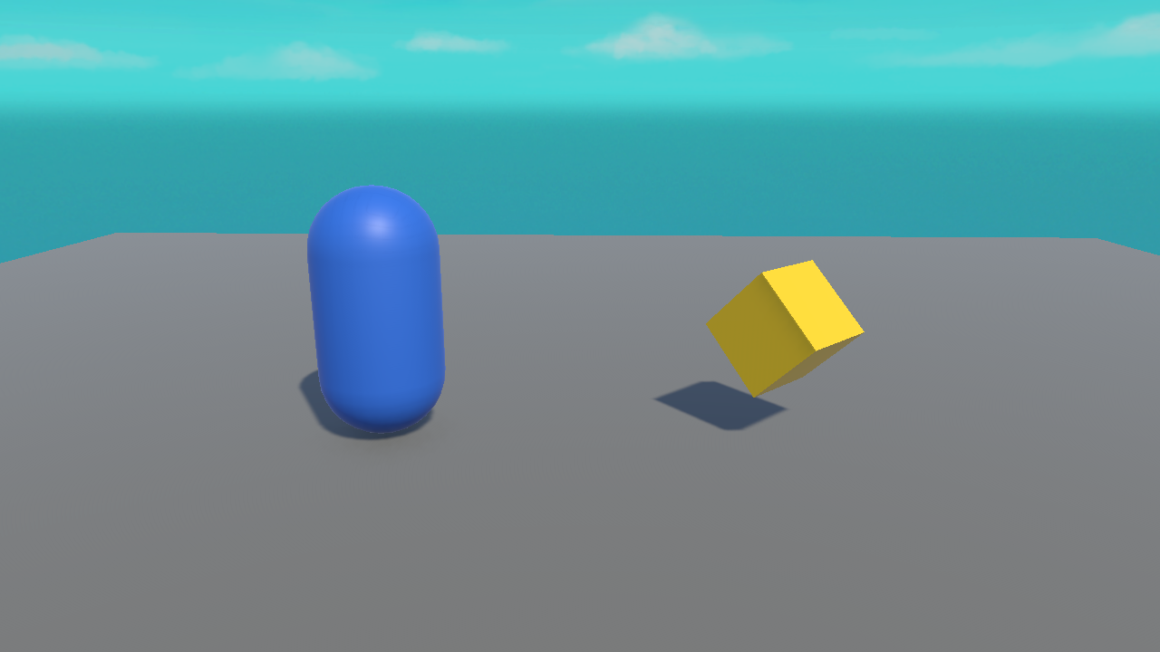 A real Unity render of a blue capsule player beside a tilted yellow cube collectible on a floor.