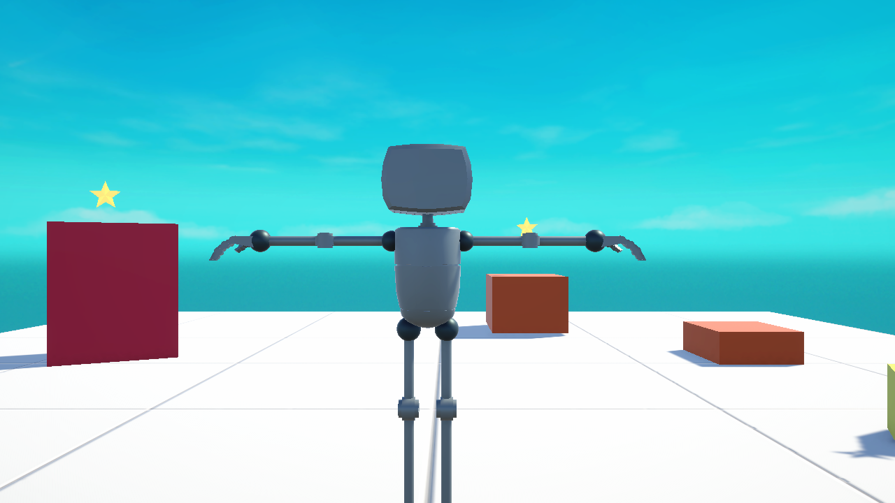 A real Unity render of the example game: a grey robot on a large white grid floor under a blue sky, with collectible yellow stars and coloured cubes nearby.