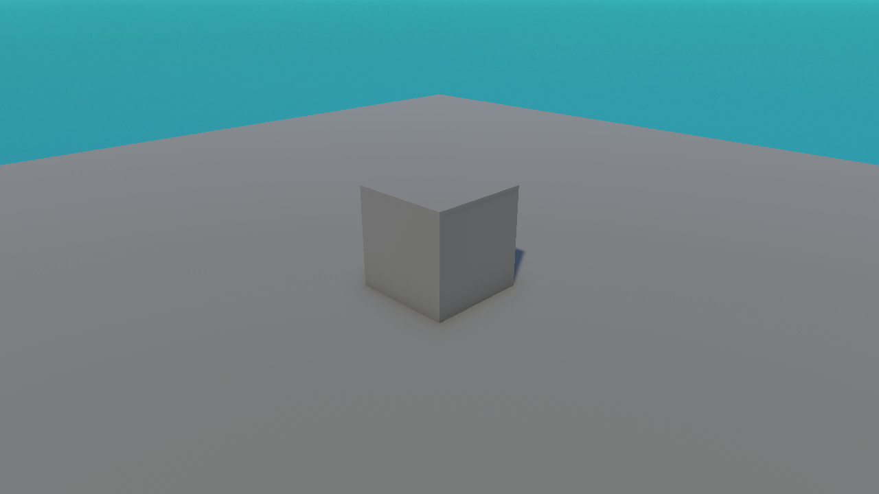 A real Unity render of a simple first scene: one white cube resting on a flat grey plane under a blue sky.
