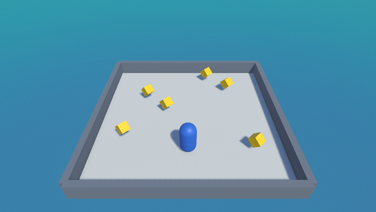 A real Unity render of the mini-game: a blue capsule player in a walled arena with six yellow star collectibles scattered around.