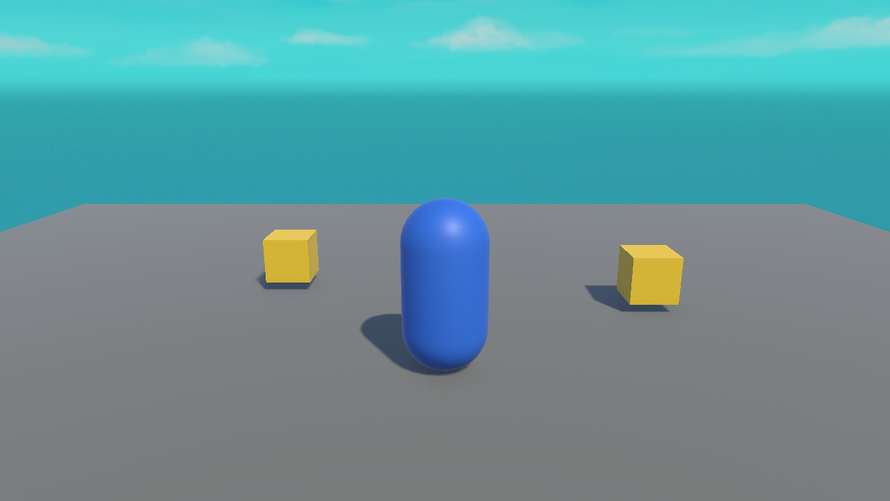 A real Unity render from behind and above a blue capsule player, the view a follow camera would show.