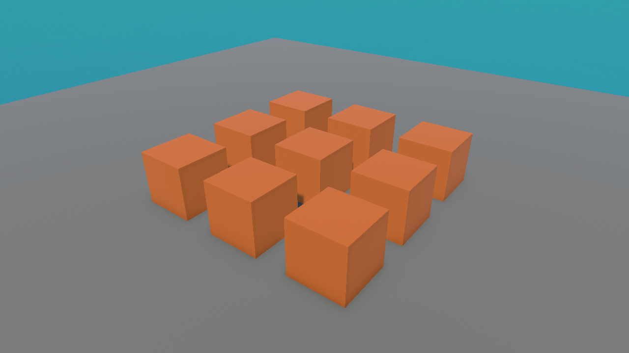 A real Unity render of a 3-by-3 grid of nine identical orange crates on a floor.