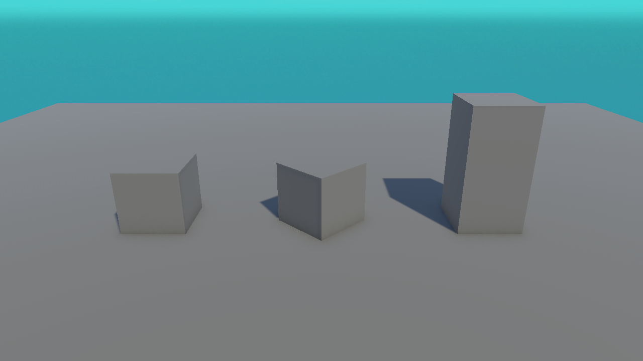 A real Unity render of three cubes on a floor: a normal cube, a cube rotated 45 degrees, and a taller stretched cube.